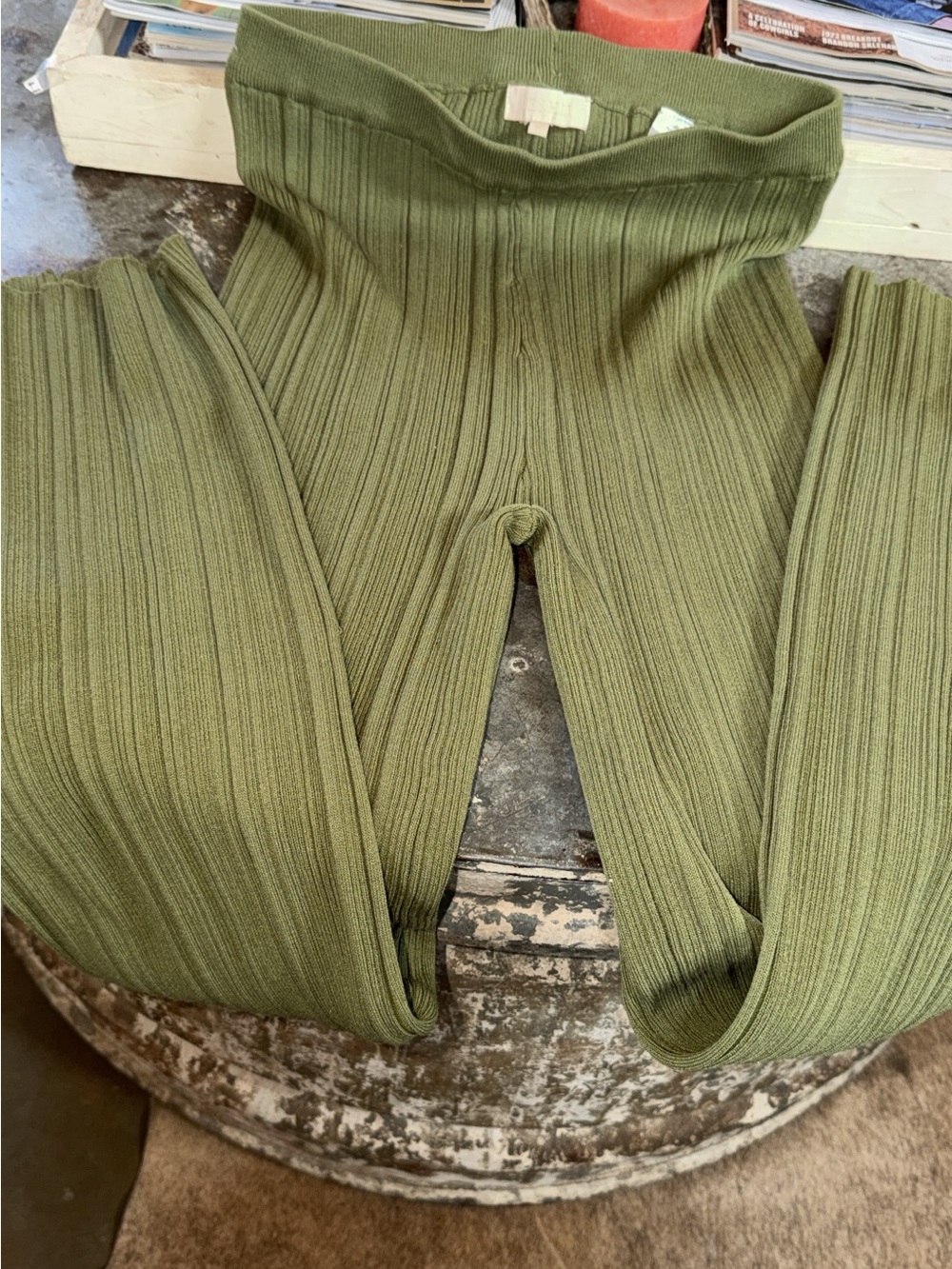 Meshki Olive Green Ribbed Boot Cut Pants